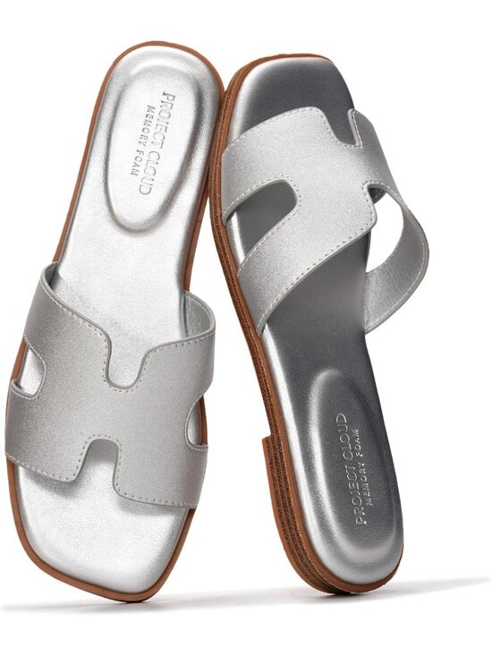 Shoes - Women's Silver Genuine Leather Memory Foam Insole Slides Slip On Jannel Flats